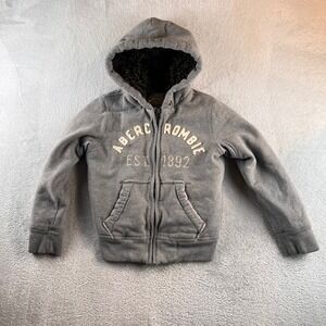 Abercrombie Kids Wolf Jaw Jacket Gray Faux Fur Lined Full Zip Hoodie Kids Small